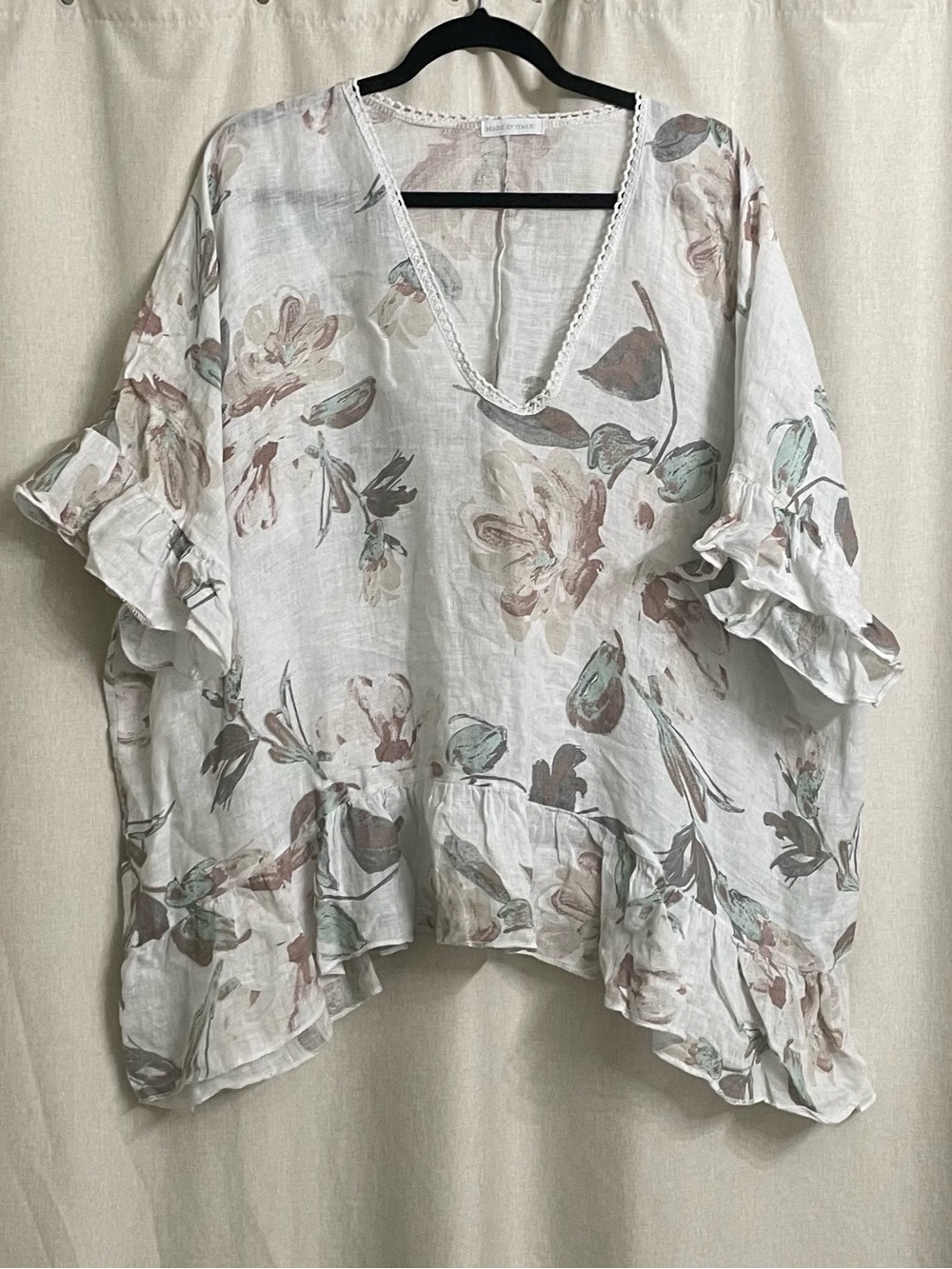 Made in Italy 100% Linen Floral Ruffle Hem Oversized Top XL 2X
